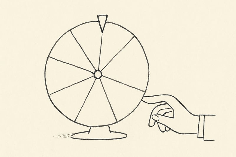 Monochrome Skizze einer ruhigen Hand, die ein schlichtes Glücksrad anstößt; die Drehung steht für faire Auswahl, Mut und Verbindung im Arbeitsalltag.